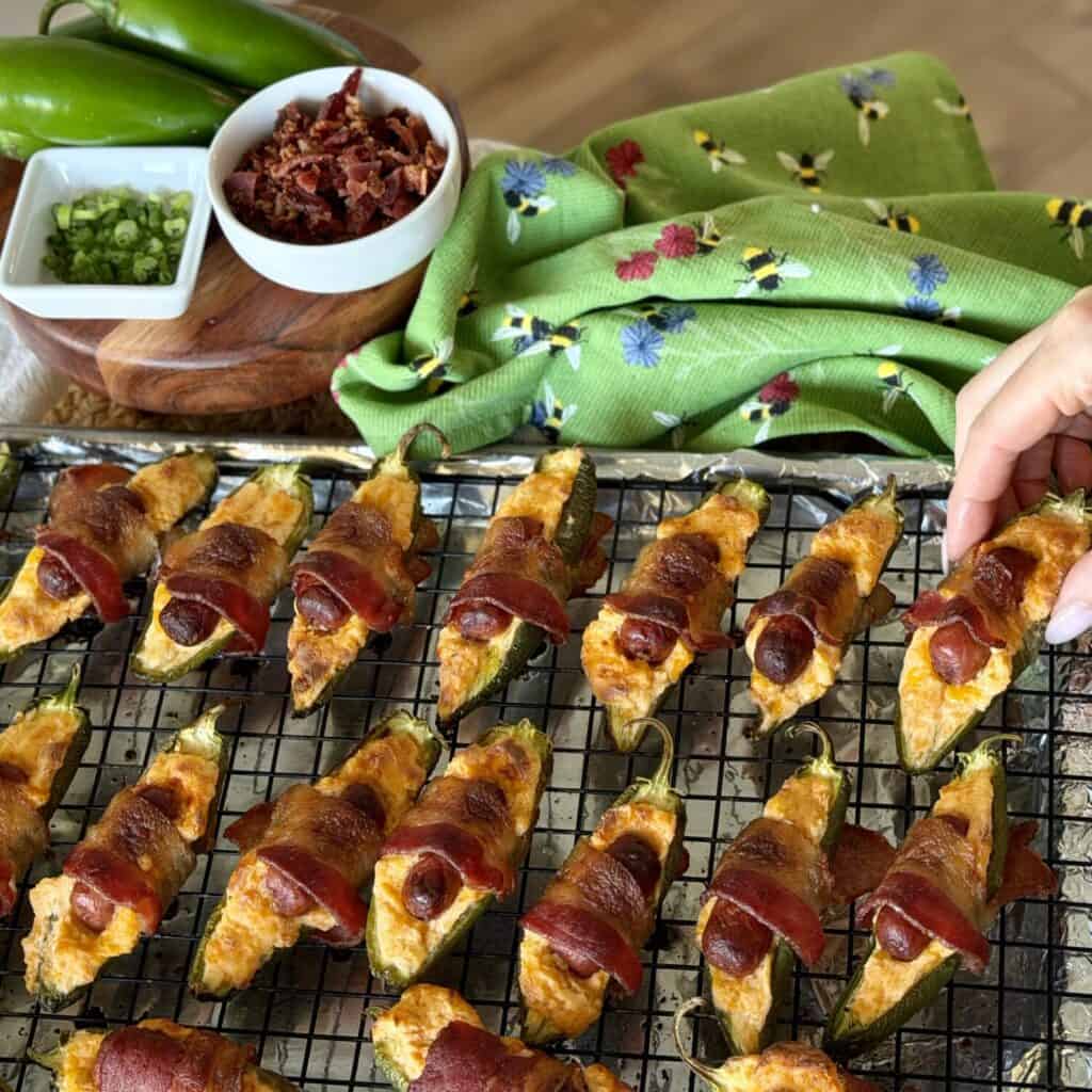 A pan of Bacon wrapped jalapeño poppers.