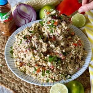Holding a spoonful of Mexican chicken salad.