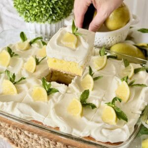 Holding a slice of lemonade cake.