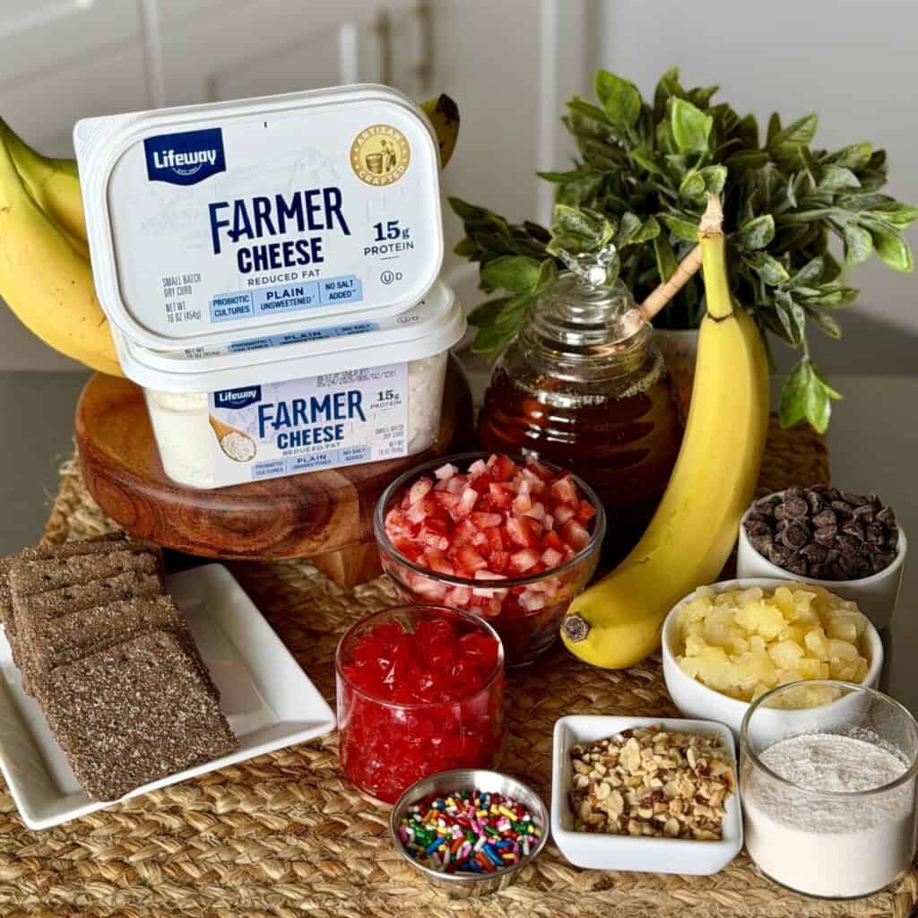 Ingredients for banana split ice cream sandwiches.