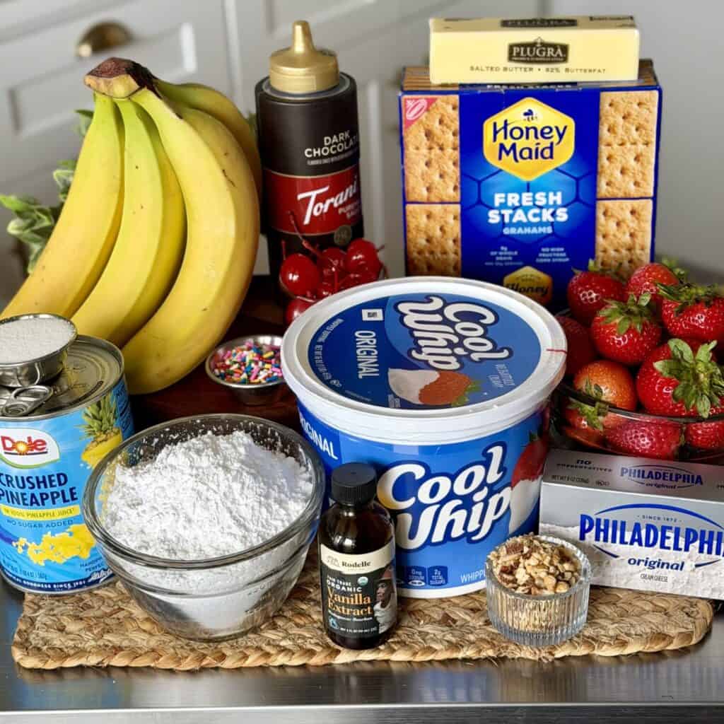 Ingredients for banana split cake.