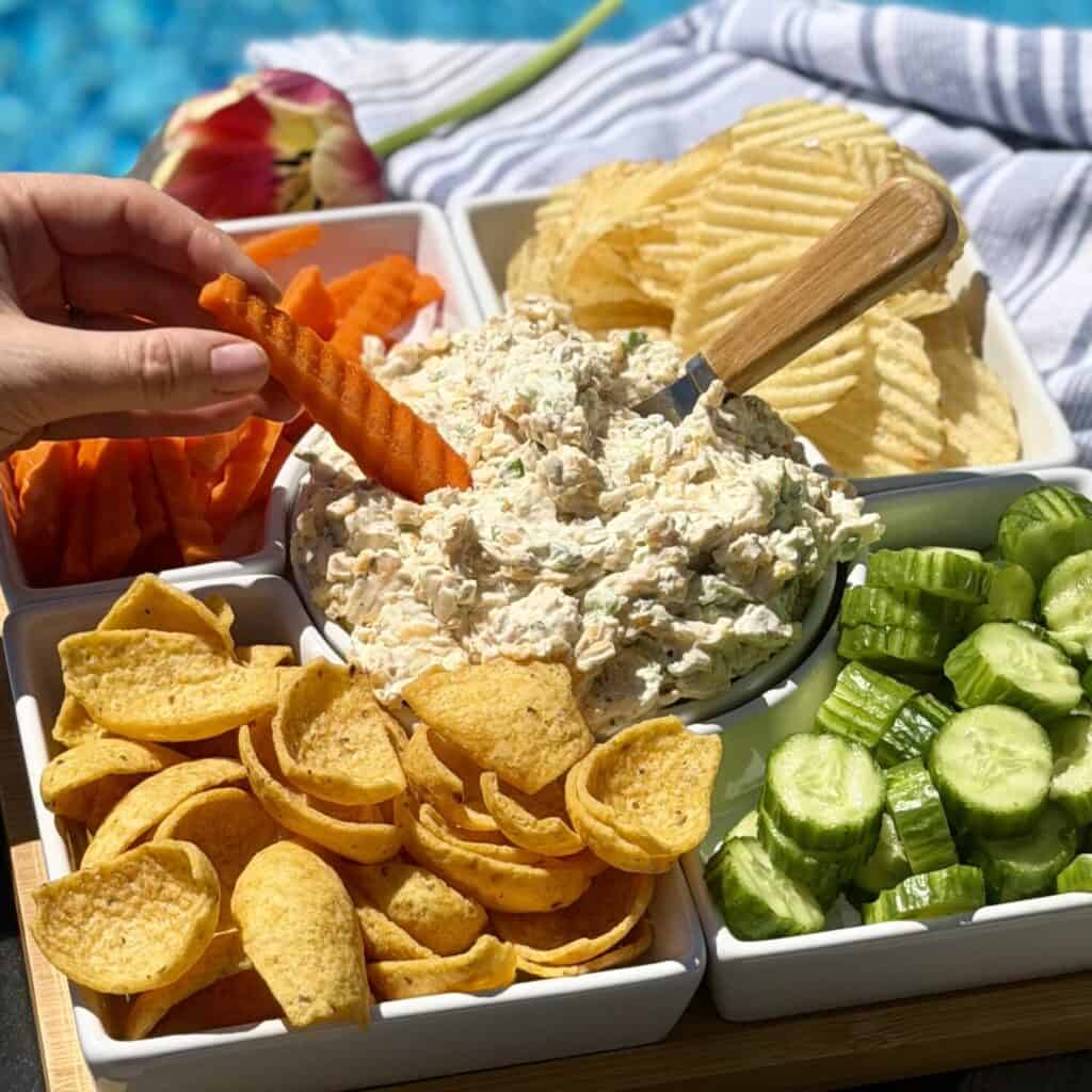 A platter of boat dip and dippers.