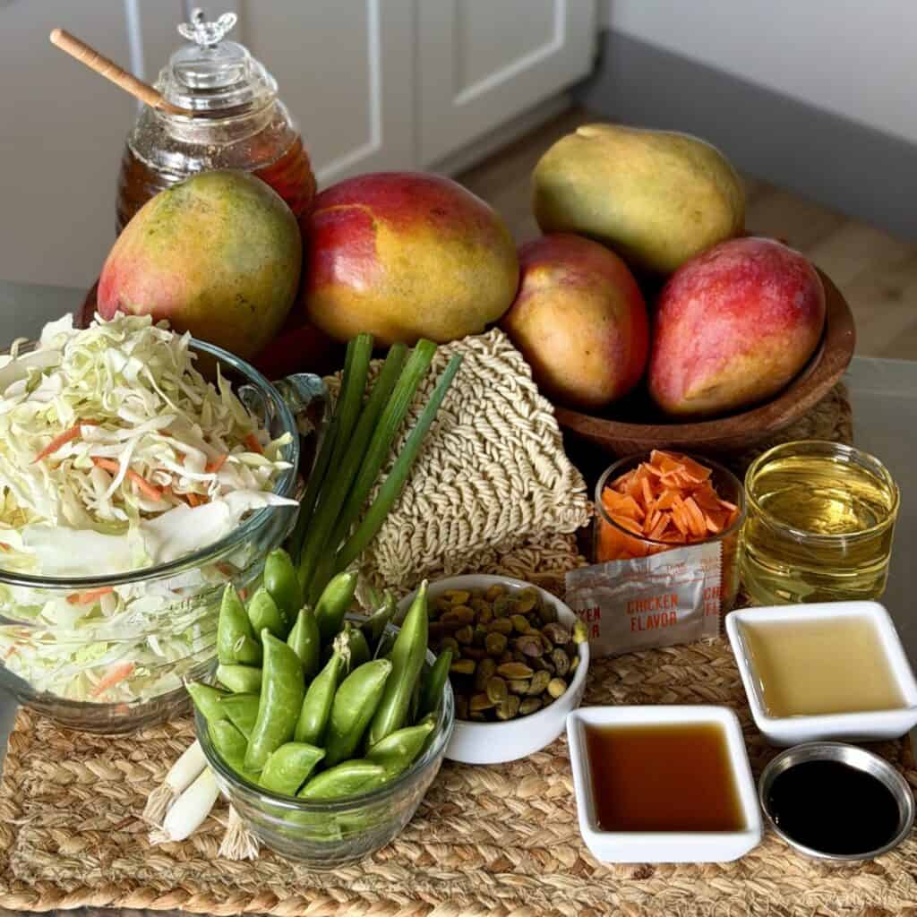 The ingredients to make tropical ramen noodle salad.