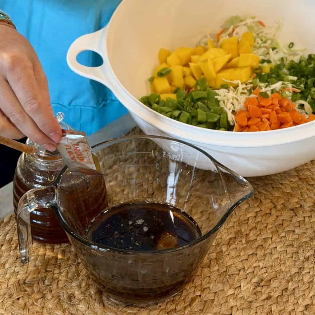 Making the dressing for tropical ramen noodle salad.