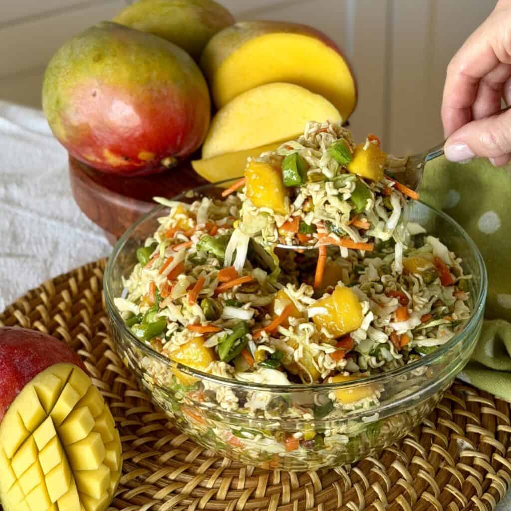 A bowl of tropical ramen noodle salad.