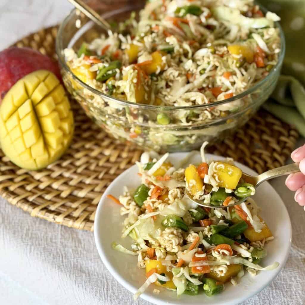 A bowl of tropical ramen noodle salad.