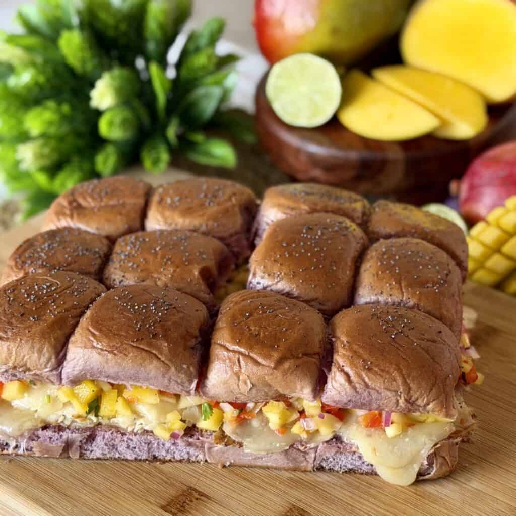 A tray of tropical chicken sliders.