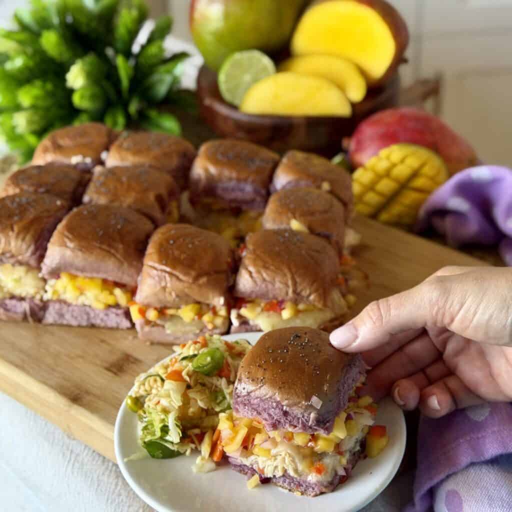 A tray of tropical chicken sliders.
