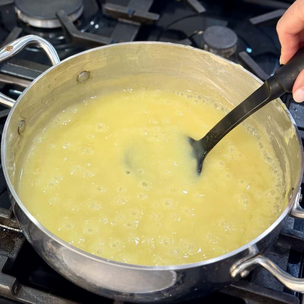 Making the custard for frog eye salad.