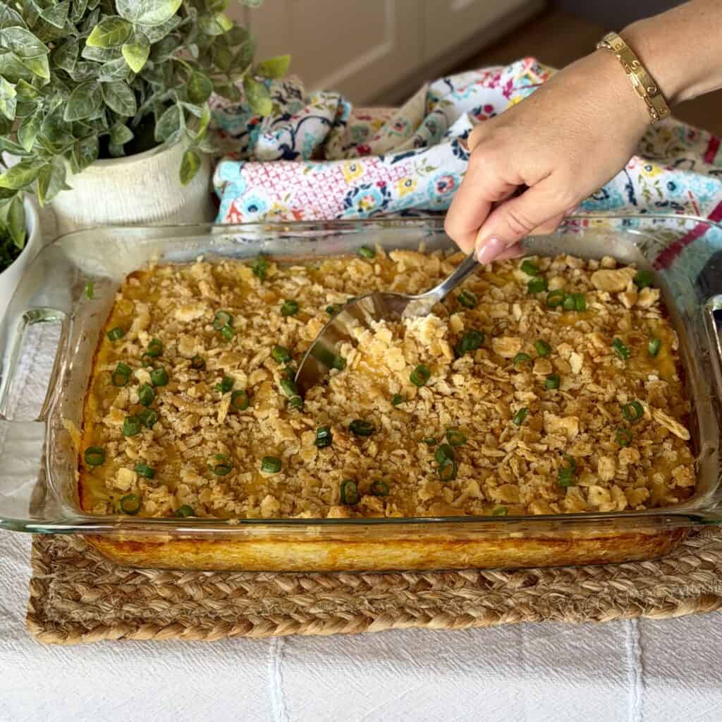A pan of rice o roni casserole.