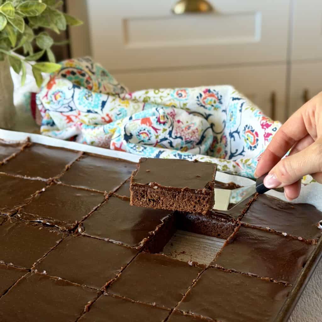 A slice of hot fudge cake.