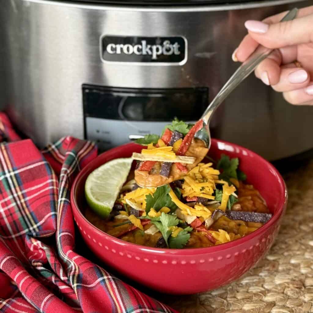 A bowl of Slow Cooker Taco Soup.
