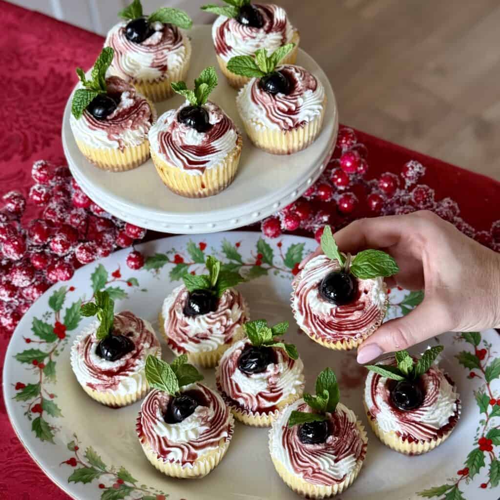 A plate of Mini Cherry Cheesecakes.