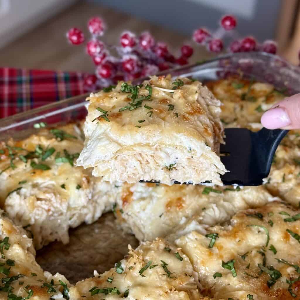 A slice of Chicken Alfredo Lasagna.