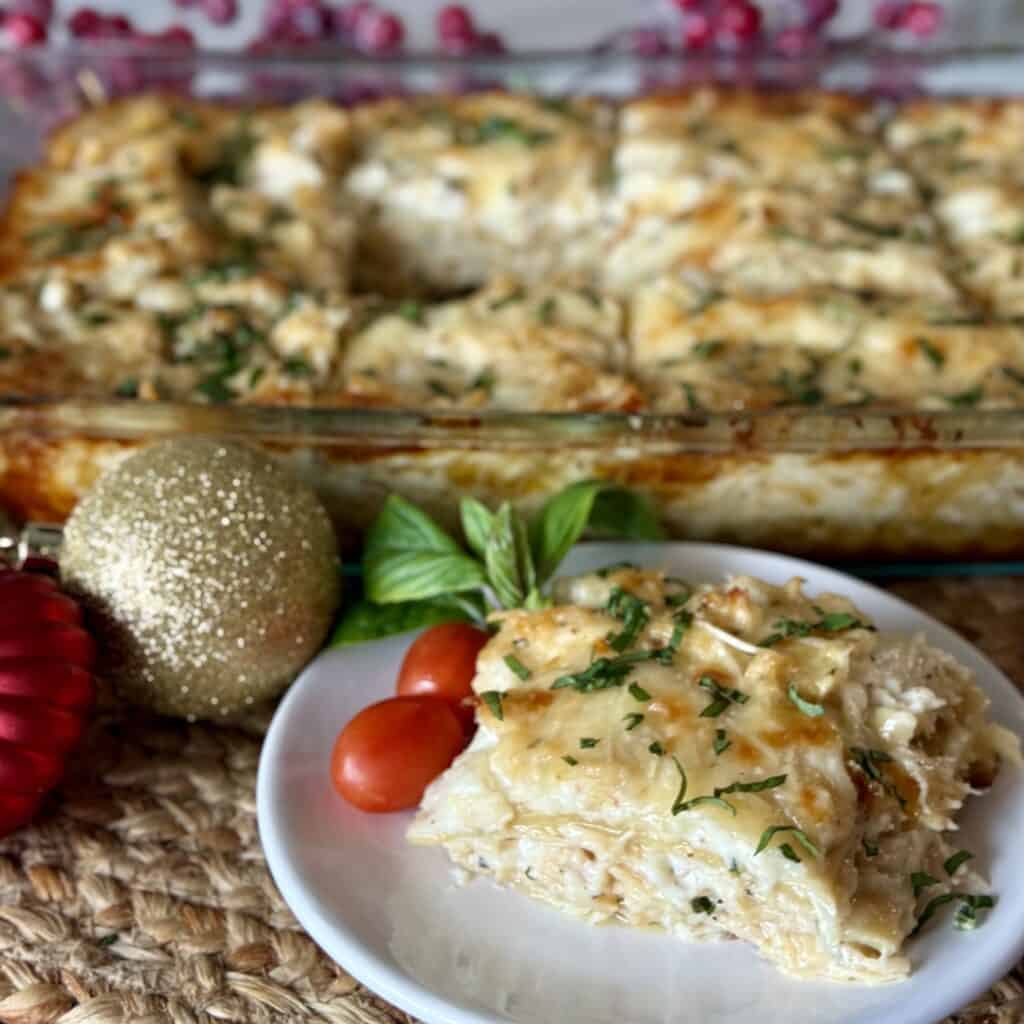 A plate of Chicken Alfredo Lasagna.