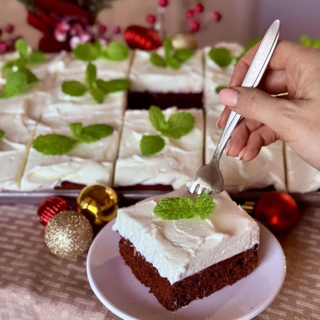 A slice of Red Velvet Sheet Cake.