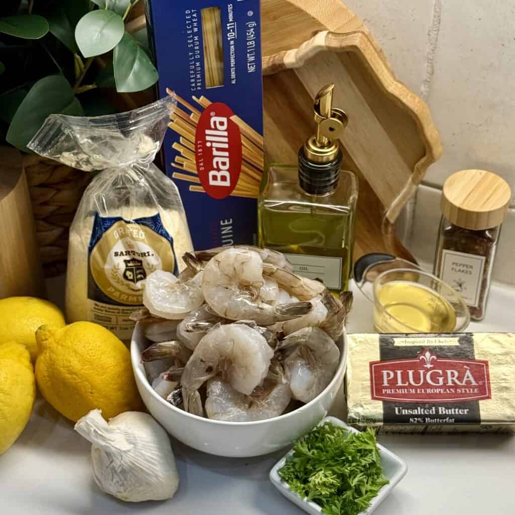 Ingredients for Baked Shrimp Scampi with Pasta.