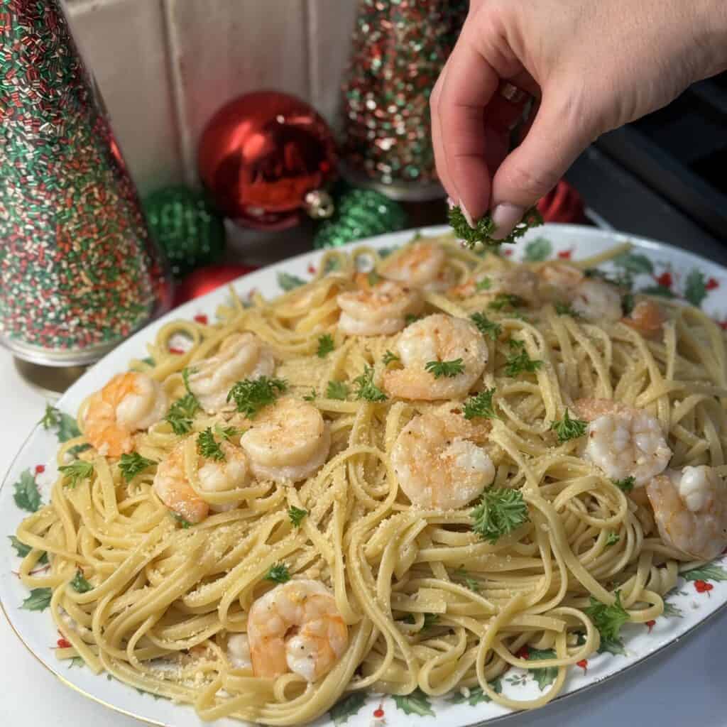 A plate of Baked Shrimp Scampi with Pasta.