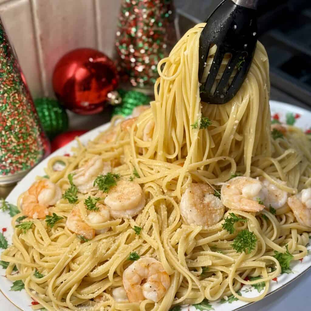 A plate of Baked Shrimp Scampi with Pasta.