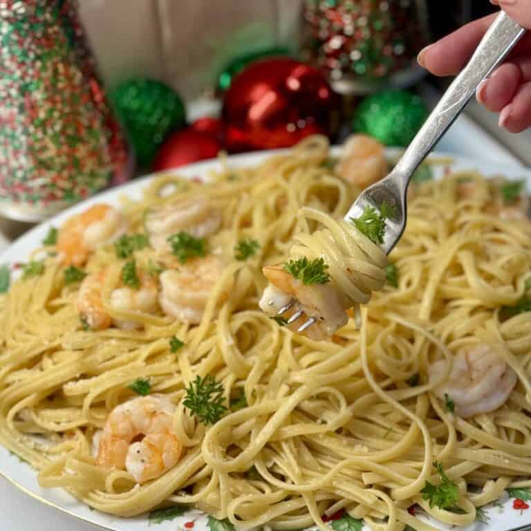 A plate of Baked Shrimp Scampi with Pasta.