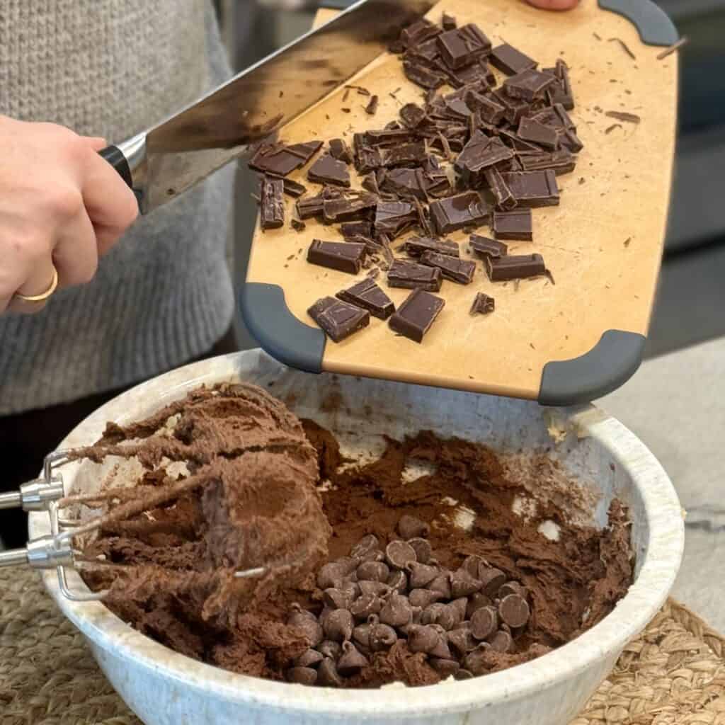 Adding the chocolate into the bowl.