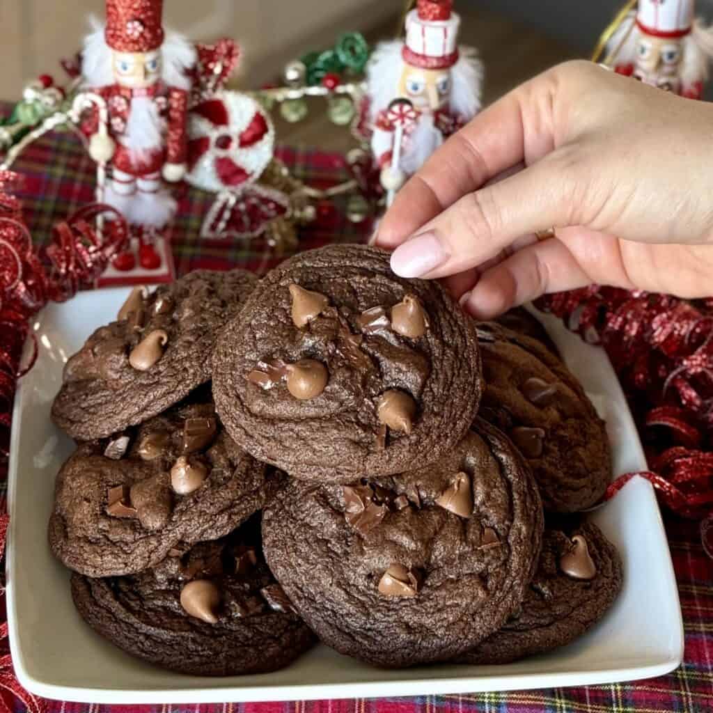 A plate of Chocolate Chocolate Chunk Cookies.