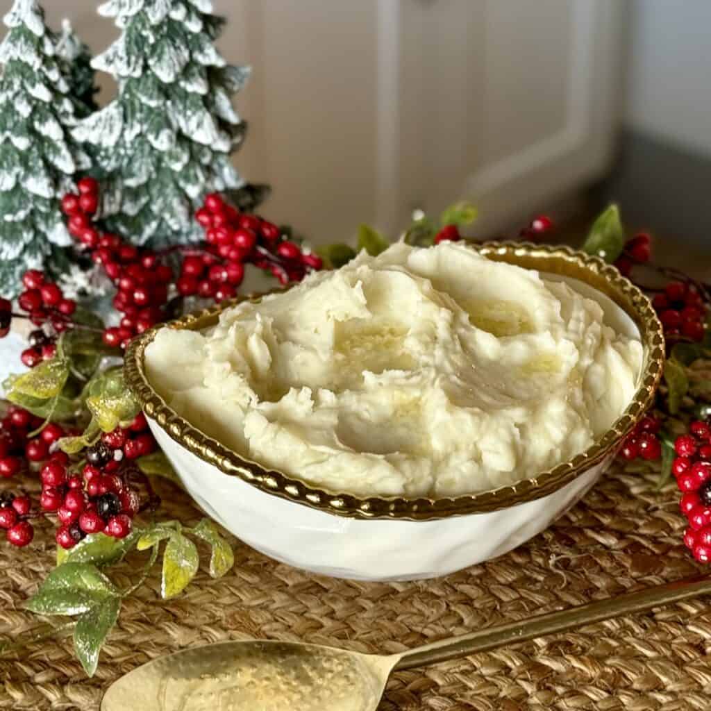 A bowl of Roasted Garlic Mashed Potatoes.