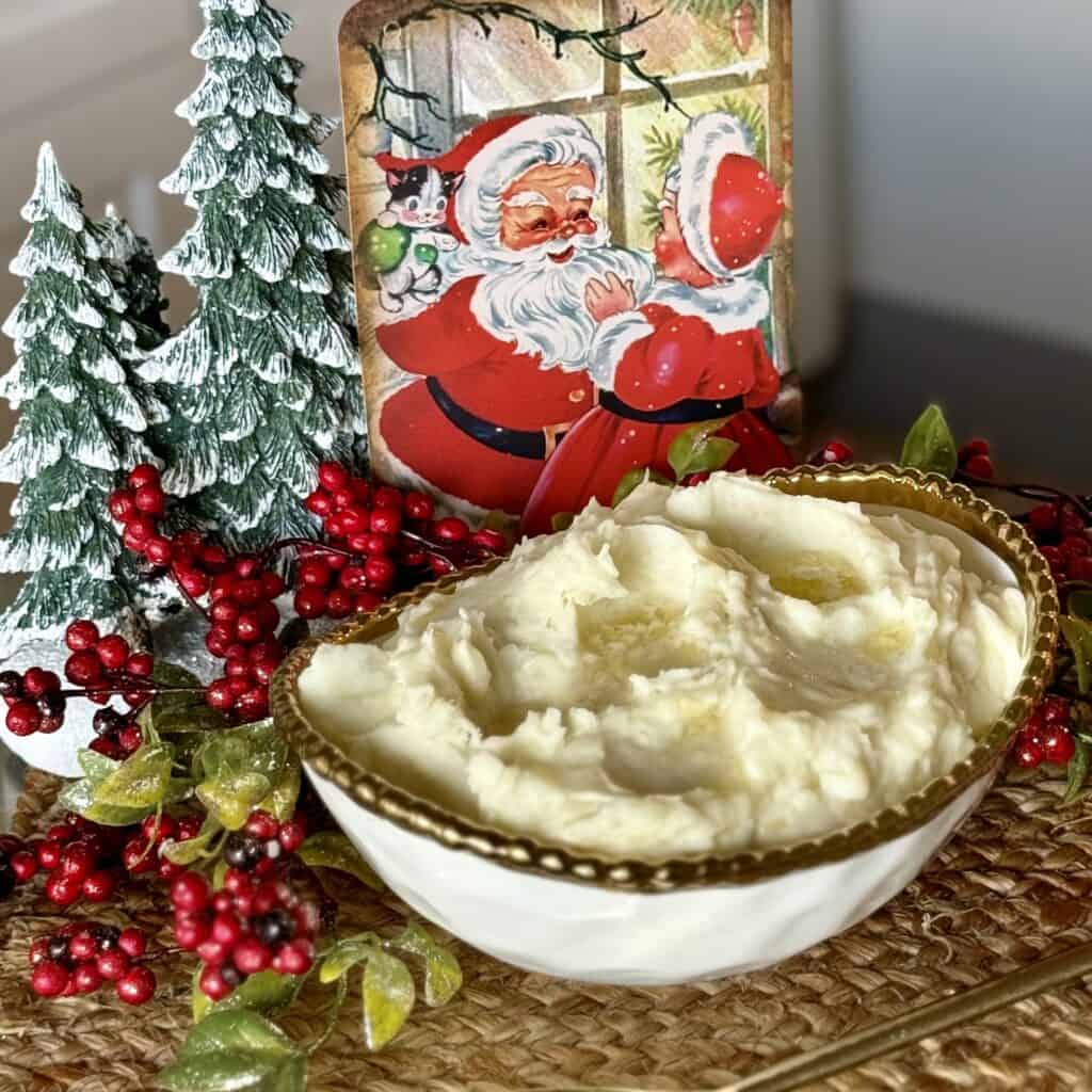 A bowl of Roasted Garlic Mashed Potatoes.