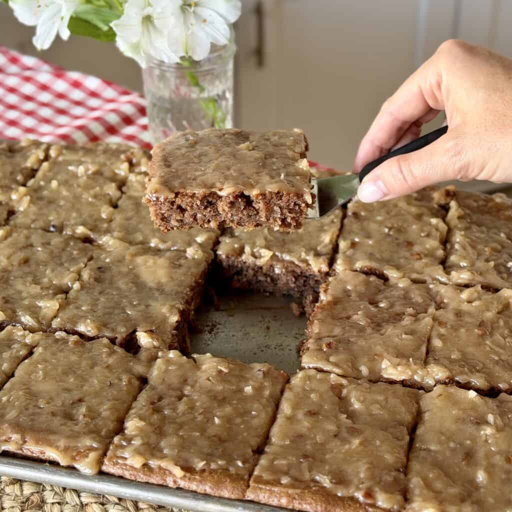 A slice of German sheet cake.