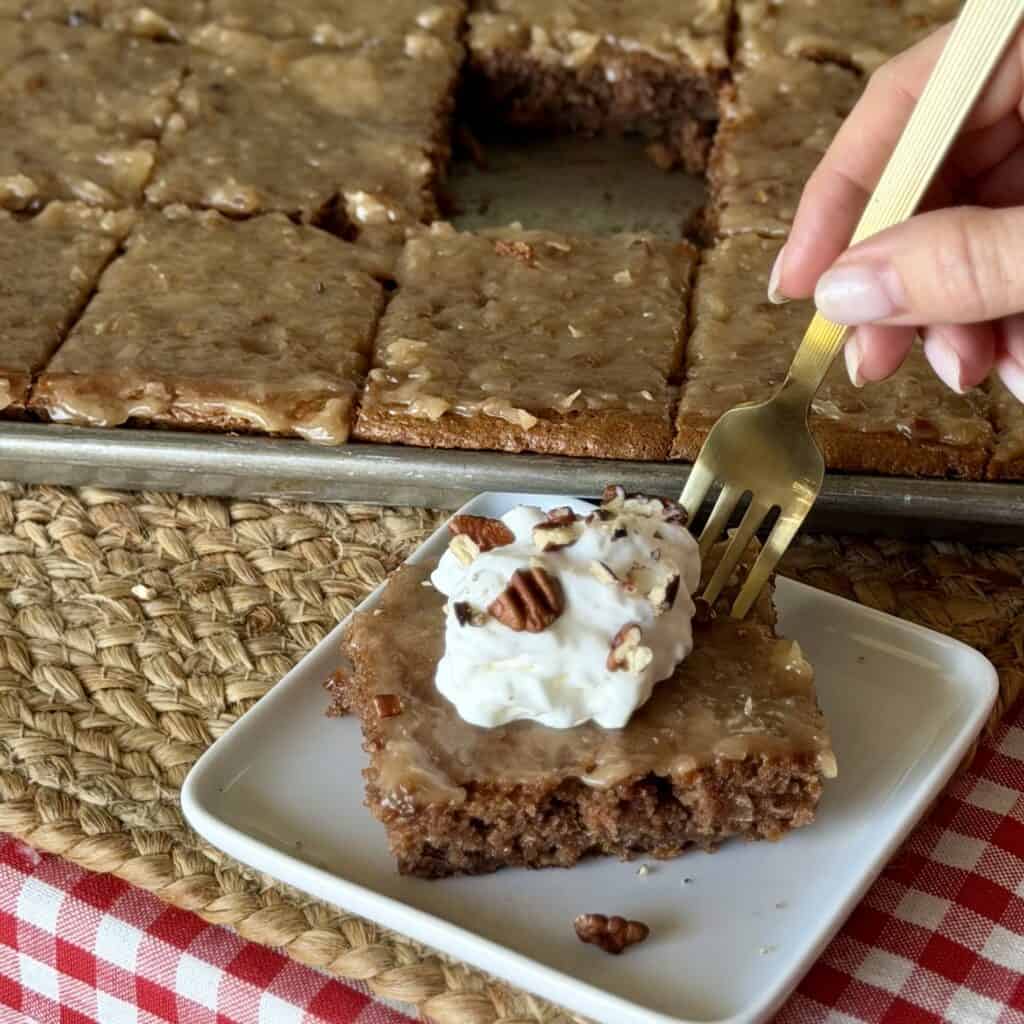 A slice of german sheet cake.