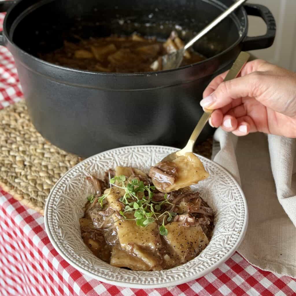 A bowl of beef and dumplings.