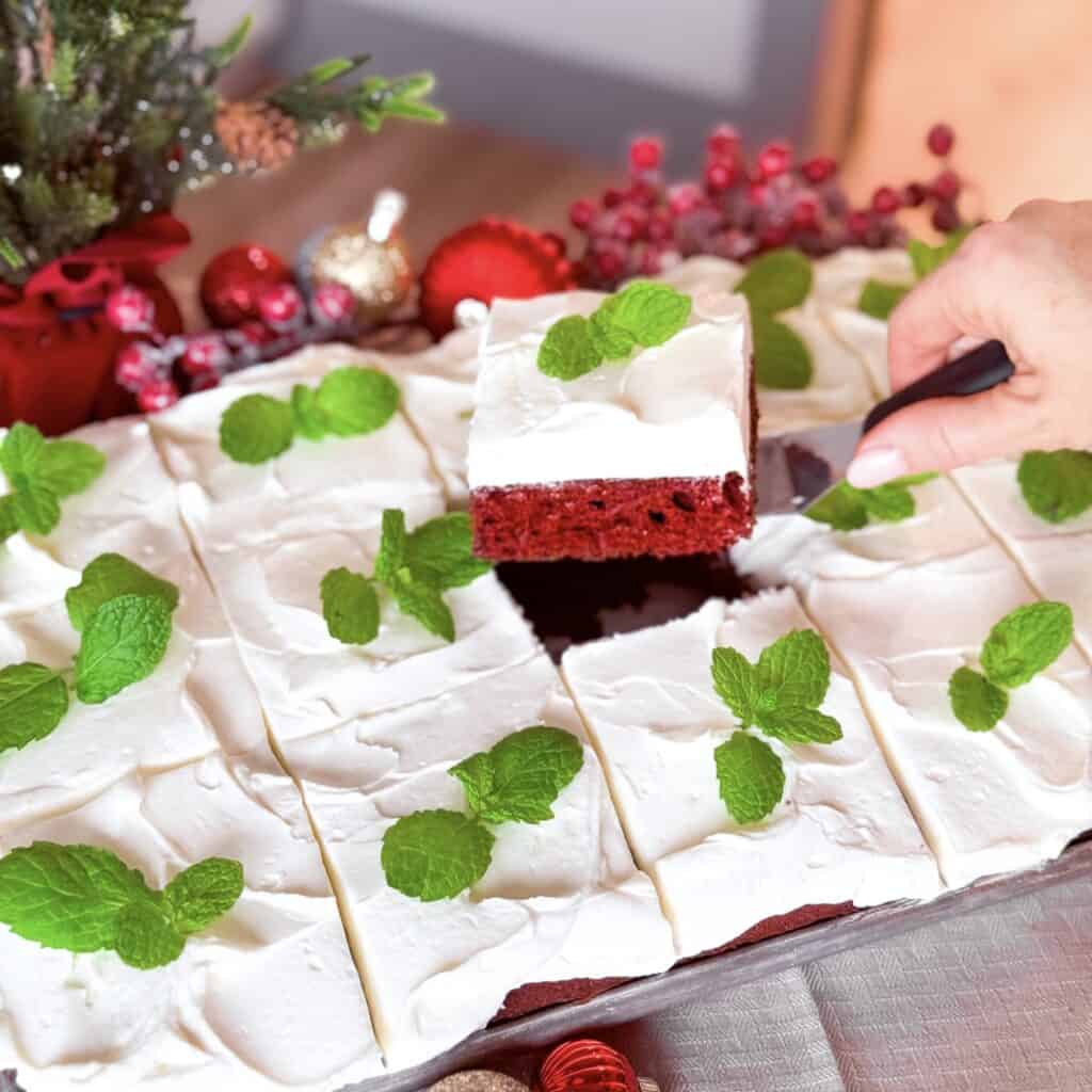 A slice of Red Velvet Sheet Cake.
