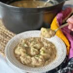 A bowl of chicken and dumpling soup.