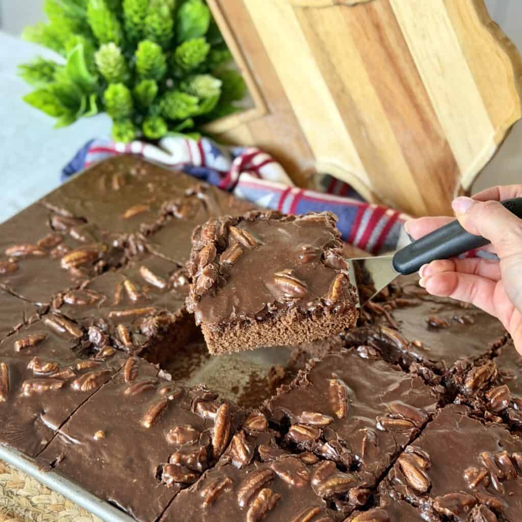 A slice of Texas Sheet Cake.