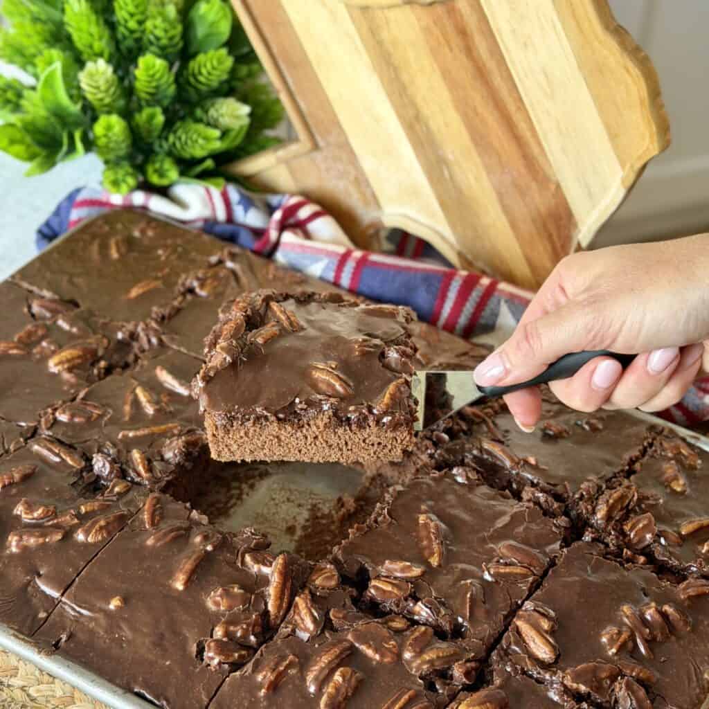 A slice of Texas Sheet Cake.