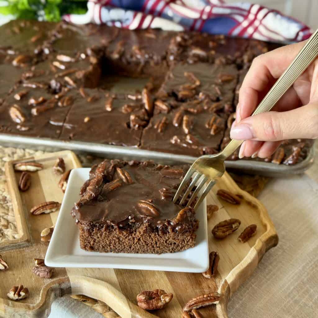 A slice of Texas Sheet Cake.